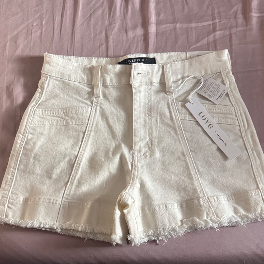 Liverpool Cream High-Rise Frayed Hem Denim Shorts